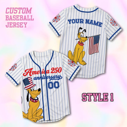 Custom Pluto America 250th Anniversary Baseball Jersey, Personalized Disney 4th of July Shirt, Patriotic Dog Independence Day Gift Tee | MP81
