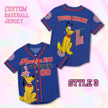 Custom Pluto America 250th Anniversary Baseball Jersey, Personalized Disney 4th of July Shirt, Patriotic Dog Independence Day Gift Tee | MP81