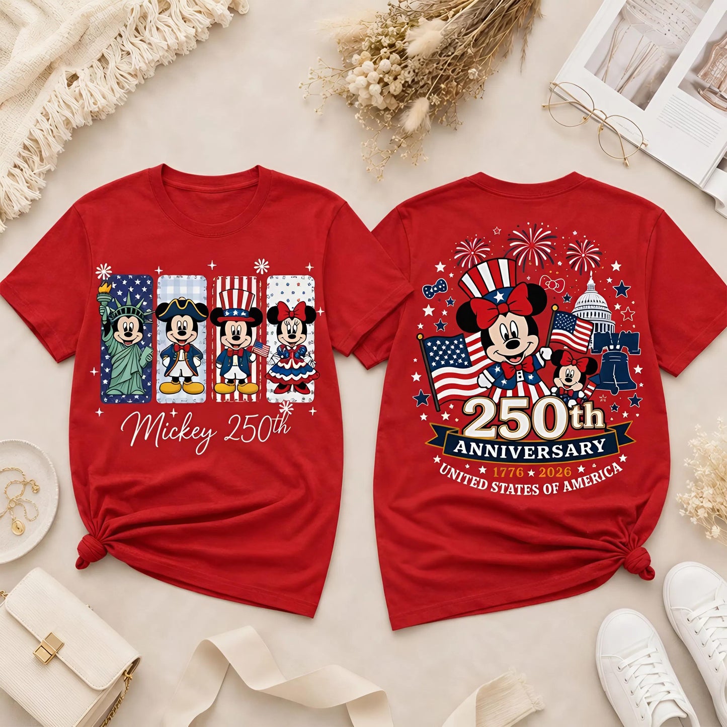 Disney Mickey Minnie 250th Anniversary Shirt, Patriotic Front Back Print Tee, 4th Of July Unisex Youth Toddler Gift | ZD95
