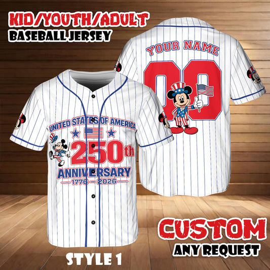 Custom Disney Mickey & Friends Baseball Jersey, 250th America Anniversary Shirt, Kid Youth Adult Patriotic Disney Game Day Jersey | EI72