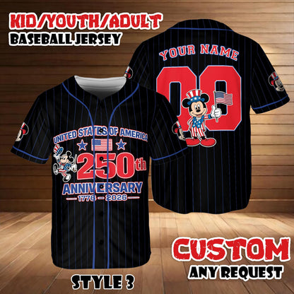 Custom Disney Mickey & Friends Baseball Jersey, 250th America Anniversary Shirt, Kid Youth Adult Patriotic Disney Game Day Jersey | EI72