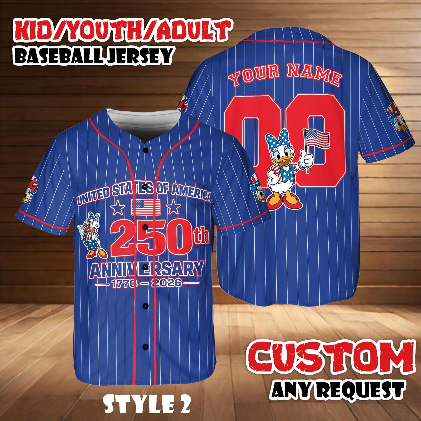 Custom Disney Mickey & Friends Daisy Baseball Jersey, USA 250th Anniversary Patriotic Jersey | BH80