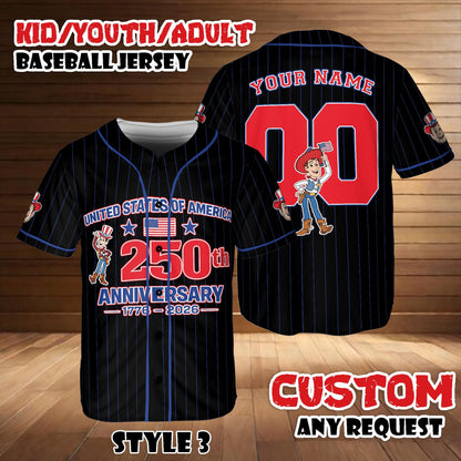 Custom Toy Story 250th Anniversary Baseball Jersey, Personalized Patriotic Shirt | MJ95