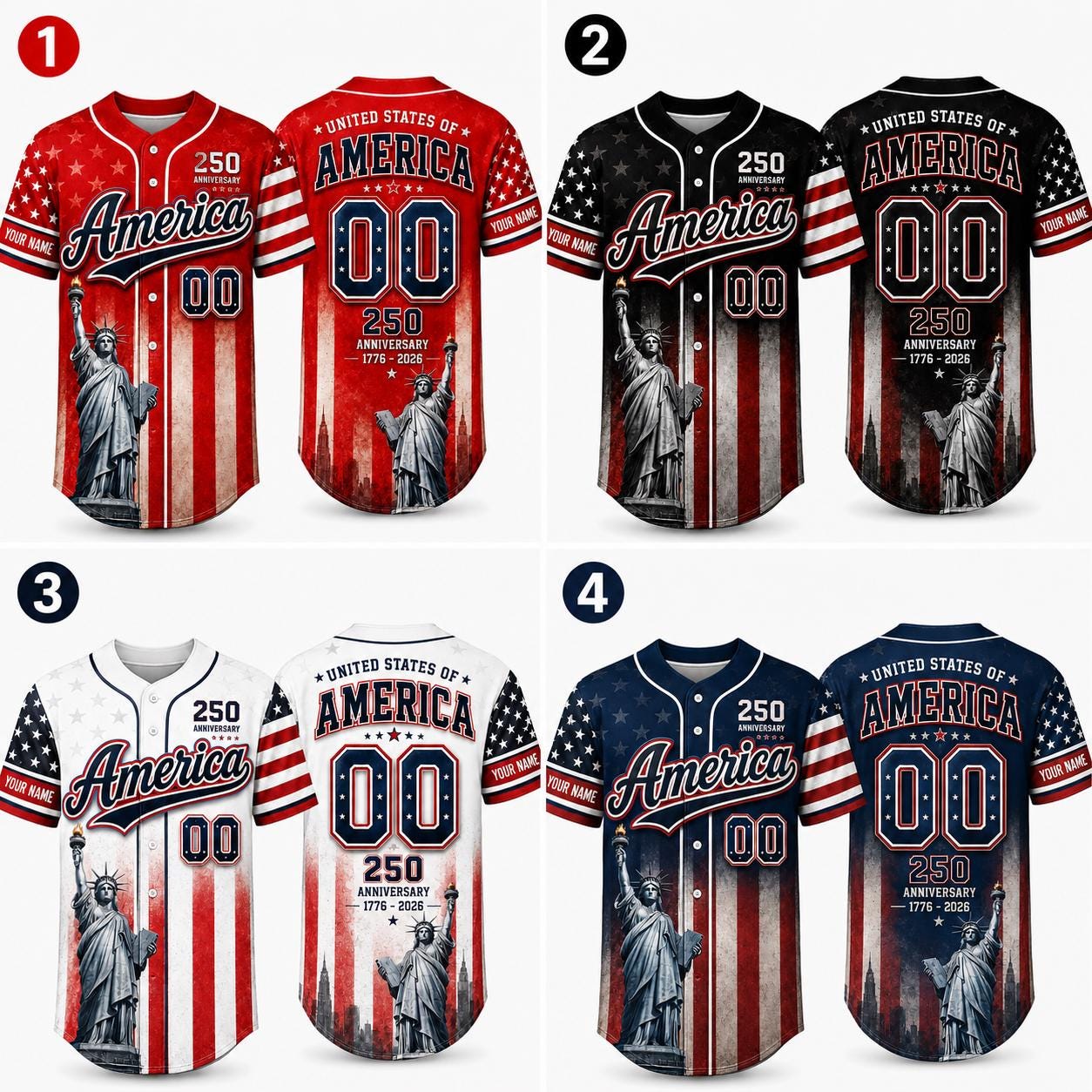 America 250 Baseball Jersey, Custom Name Patriotic Jersey, USA 1776 2026 Anniversary Shirt, Statue of Liberty American Flag Jersey Gift | VA35