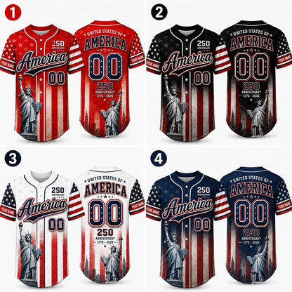 America 250 Baseball Jersey, Custom Name Patriotic Jersey, USA 1776 2026 Anniversary Shirt, Statue of Liberty American Flag Jersey Gift | VA35