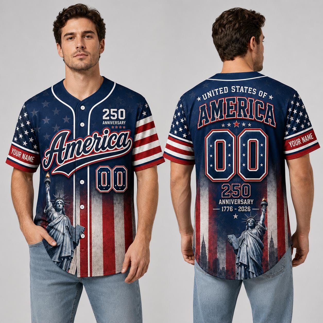 America 250 Baseball Jersey, Custom Name Patriotic Jersey, USA 1776 2026 Anniversary Shirt, Statue of Liberty American Flag Jersey Gift | VA35