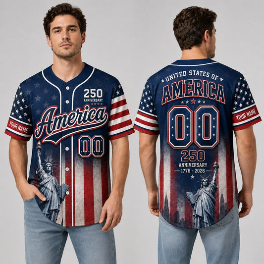 America 250 Baseball Jersey, Custom Name Patriotic Jersey, USA 1776 2026 Anniversary Shirt, Statue of Liberty American Flag Jersey Gift | VA35