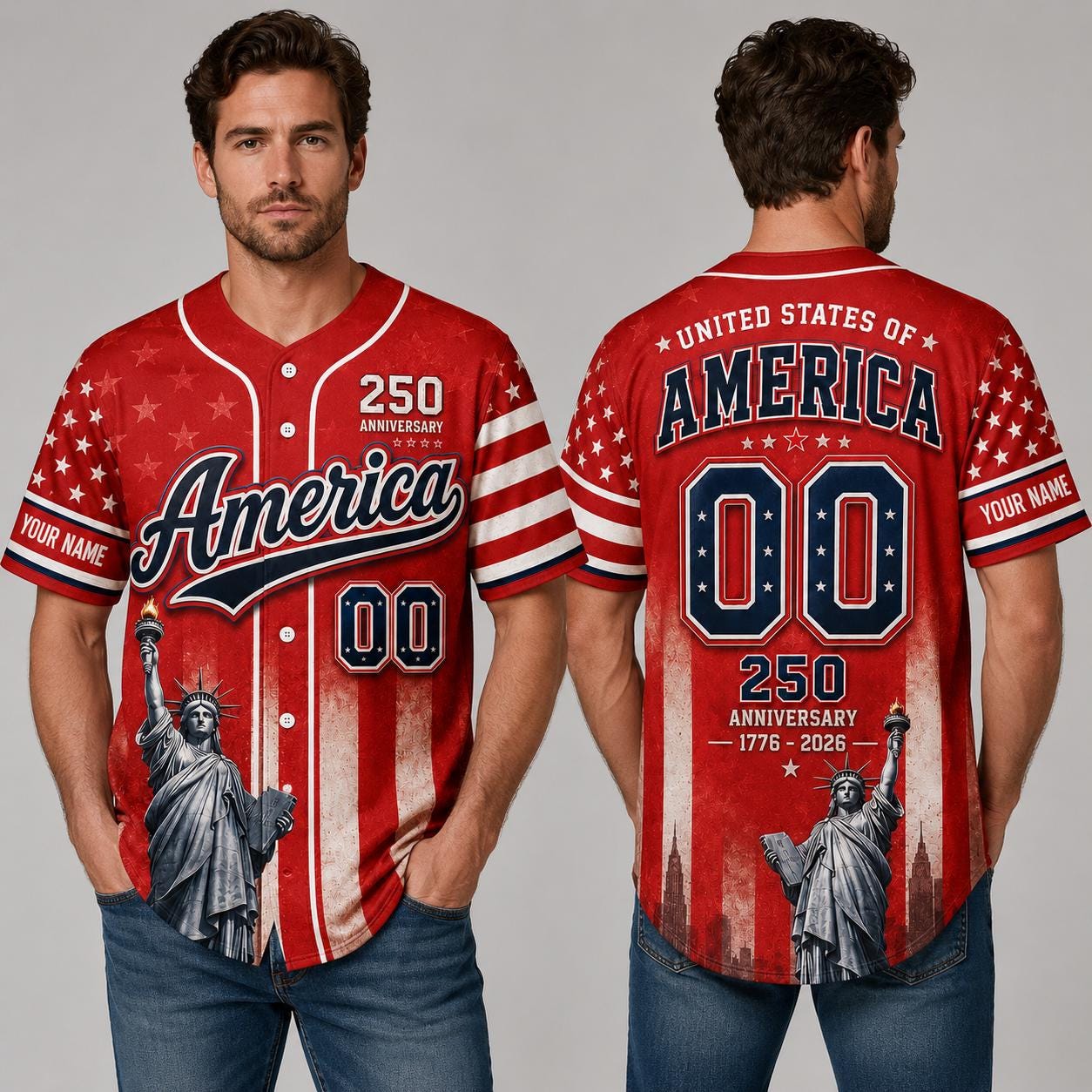 America 250 Baseball Jersey, Custom Name Patriotic Jersey, USA 1776 2026 Anniversary Shirt, Statue of Liberty American Flag Jersey Gift | VA35