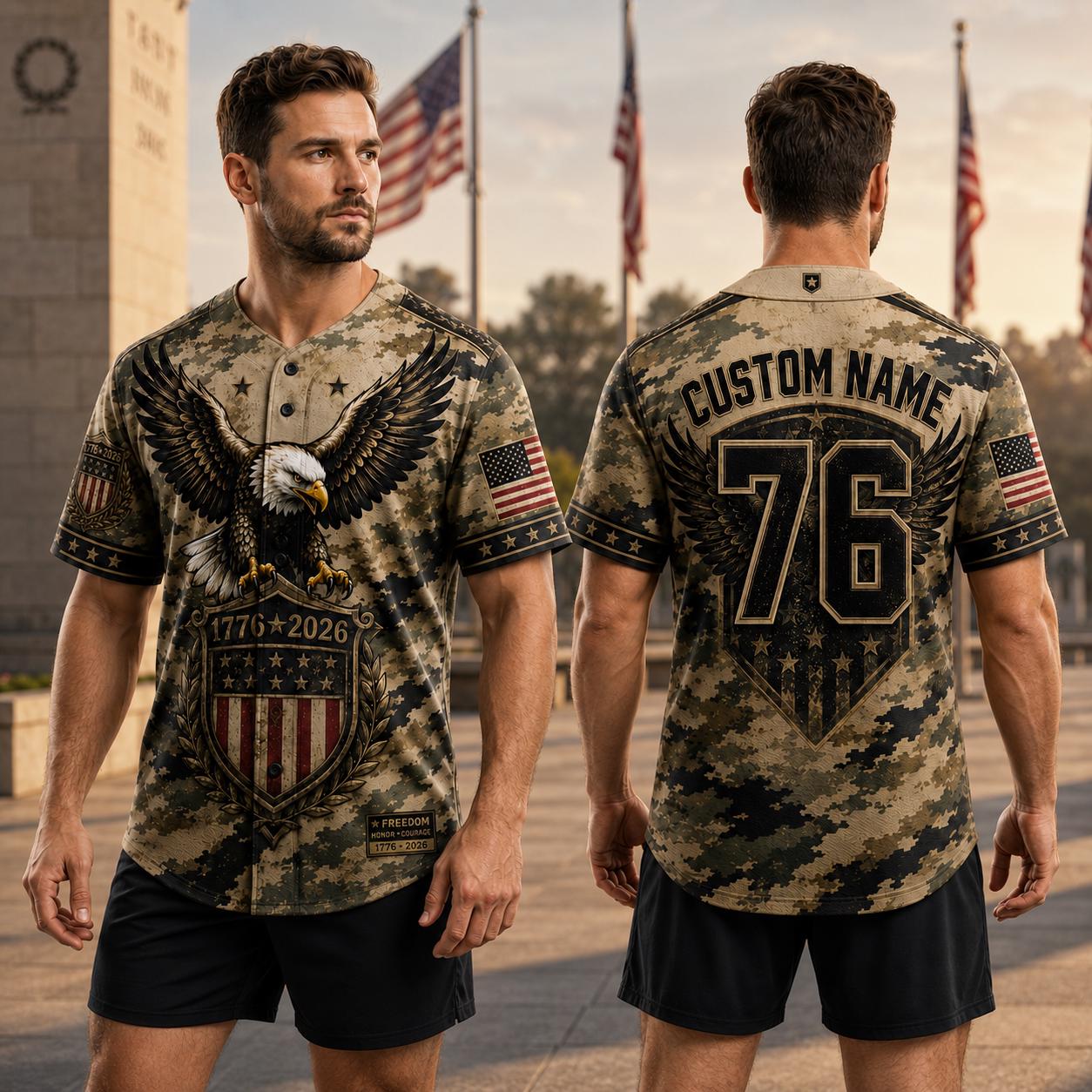 Custom Patriotic Baseball Jersey, Personalized Eagle American Flag Camo Jersey, USA 250th Anniversary Shirt, Military Style | EF62