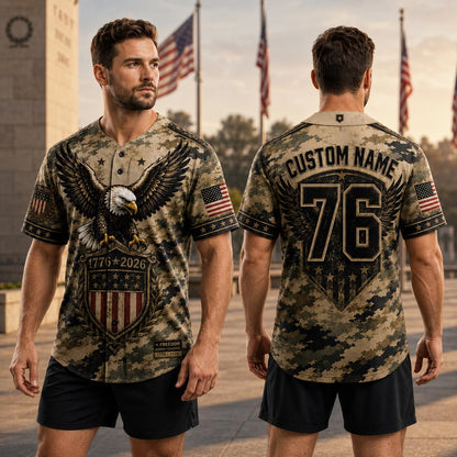 Custom Patriotic Baseball Jersey, Personalized Eagle American Flag Camo Jersey, USA 250th Anniversary Shirt, Military Style | EF62