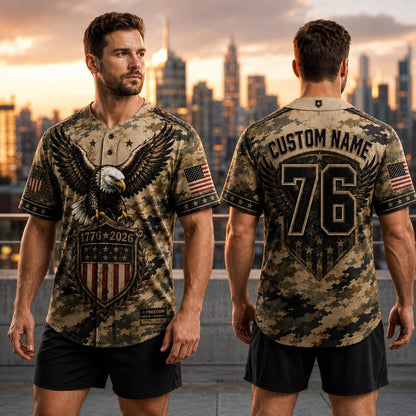 Custom Patriotic Baseball Jersey, Personalized Eagle American Flag Camo Jersey, USA 250th Anniversary Shirt, Military Style | EF62