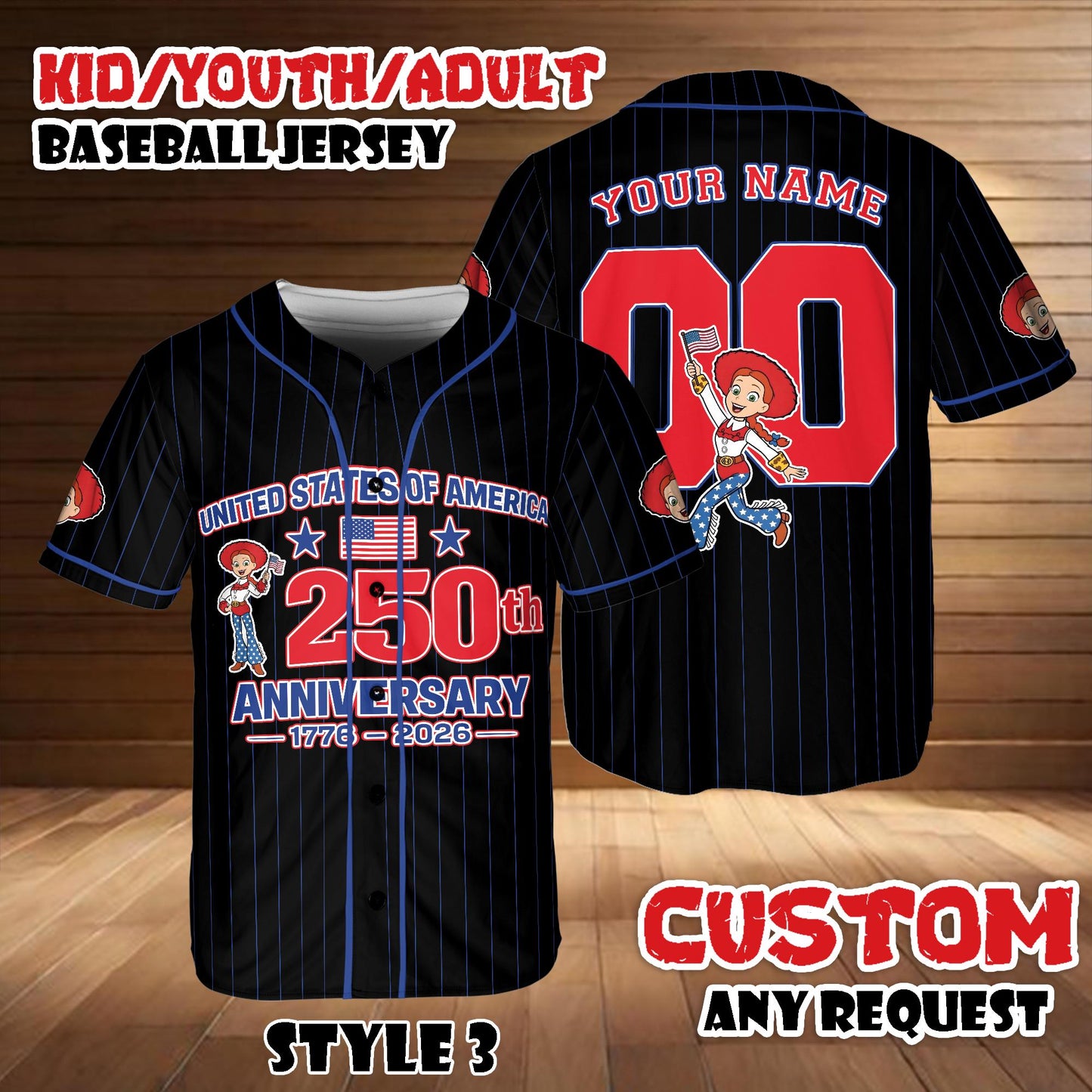 Custom Toy Story Jessie Baseball Jersey, 250th Anniversary USA Shirt, Disney Pixar Outfit, Birthday Gift | FR57