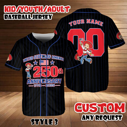 Custom Toy Story Jessie Baseball Jersey, 250th Anniversary USA Shirt, Disney Pixar Outfit, Birthday Gift | FR57
