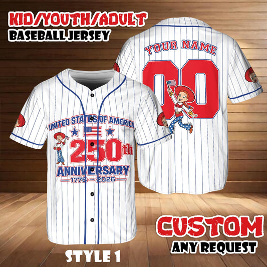 Custom Toy Story Jessie Baseball Jersey, 250th Anniversary USA Shirt, Disney Pixar Outfit, Birthday Gift | FR57