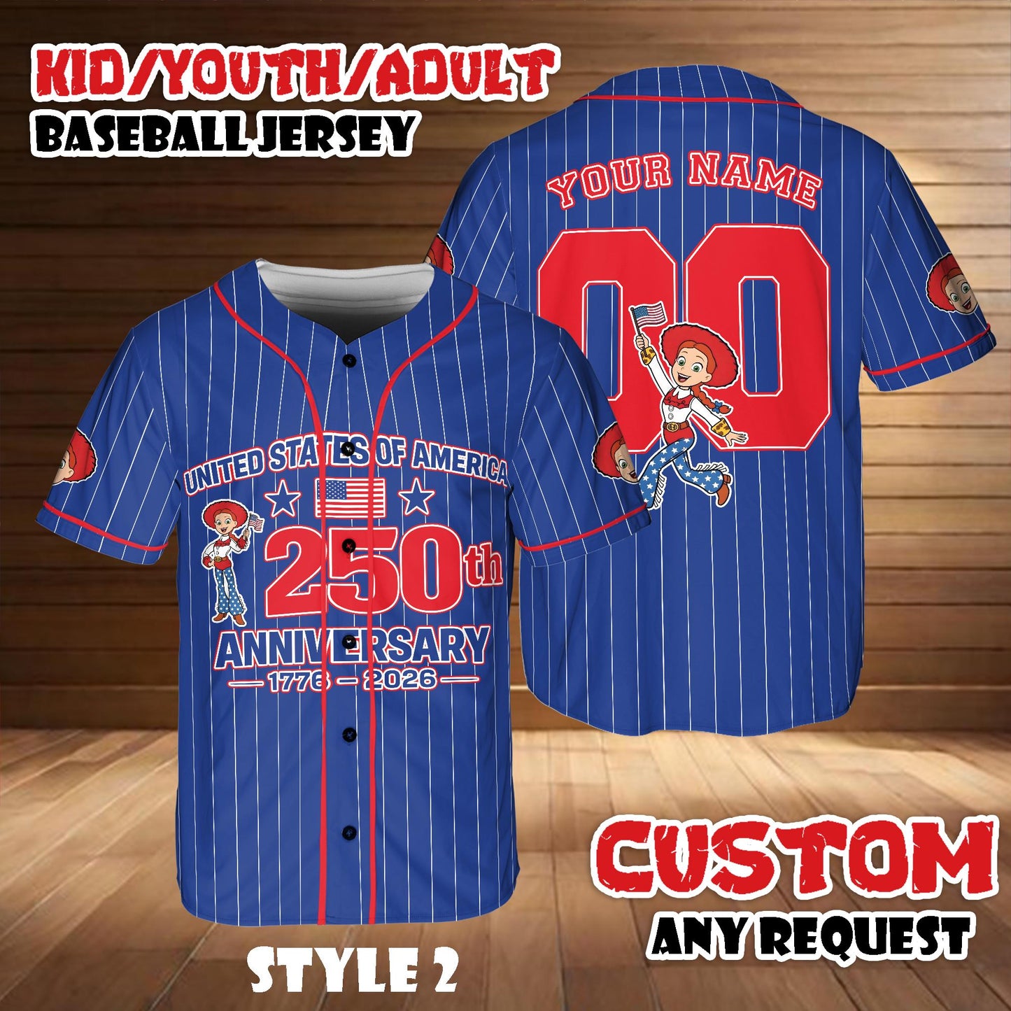 Custom Toy Story Jessie Baseball Jersey, 250th Anniversary USA Shirt, Disney Pixar Outfit, Birthday Gift | FR57