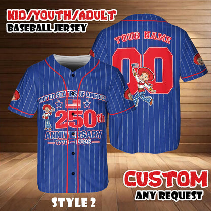 Custom Toy Story Jessie Baseball Jersey, 250th Anniversary USA Shirt, Disney Pixar Outfit, Birthday Gift | FR57