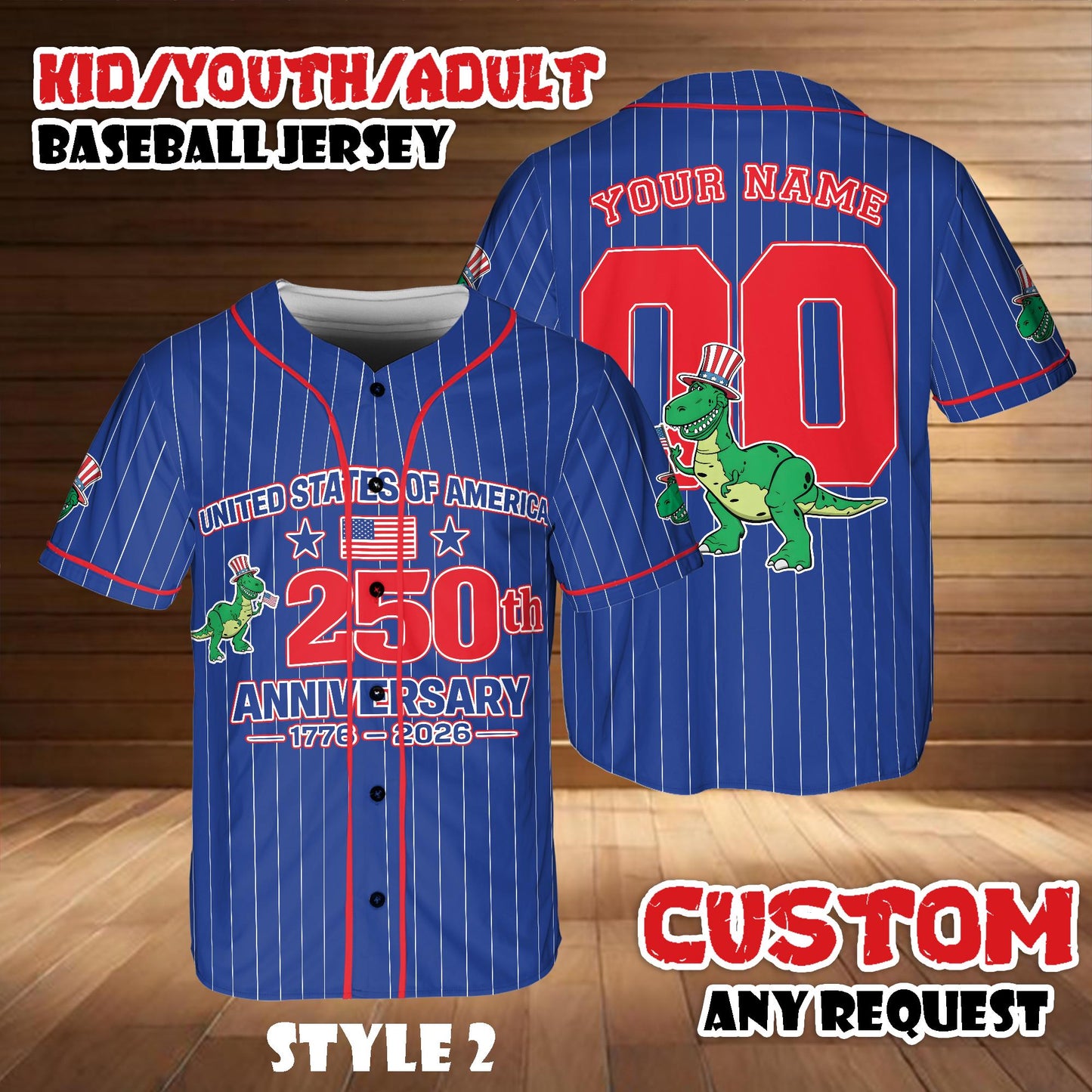 Custom Toy Story Rex Baseball Jersey, USA 250th Anniversary Shirt, Game Day Outfit | AA79