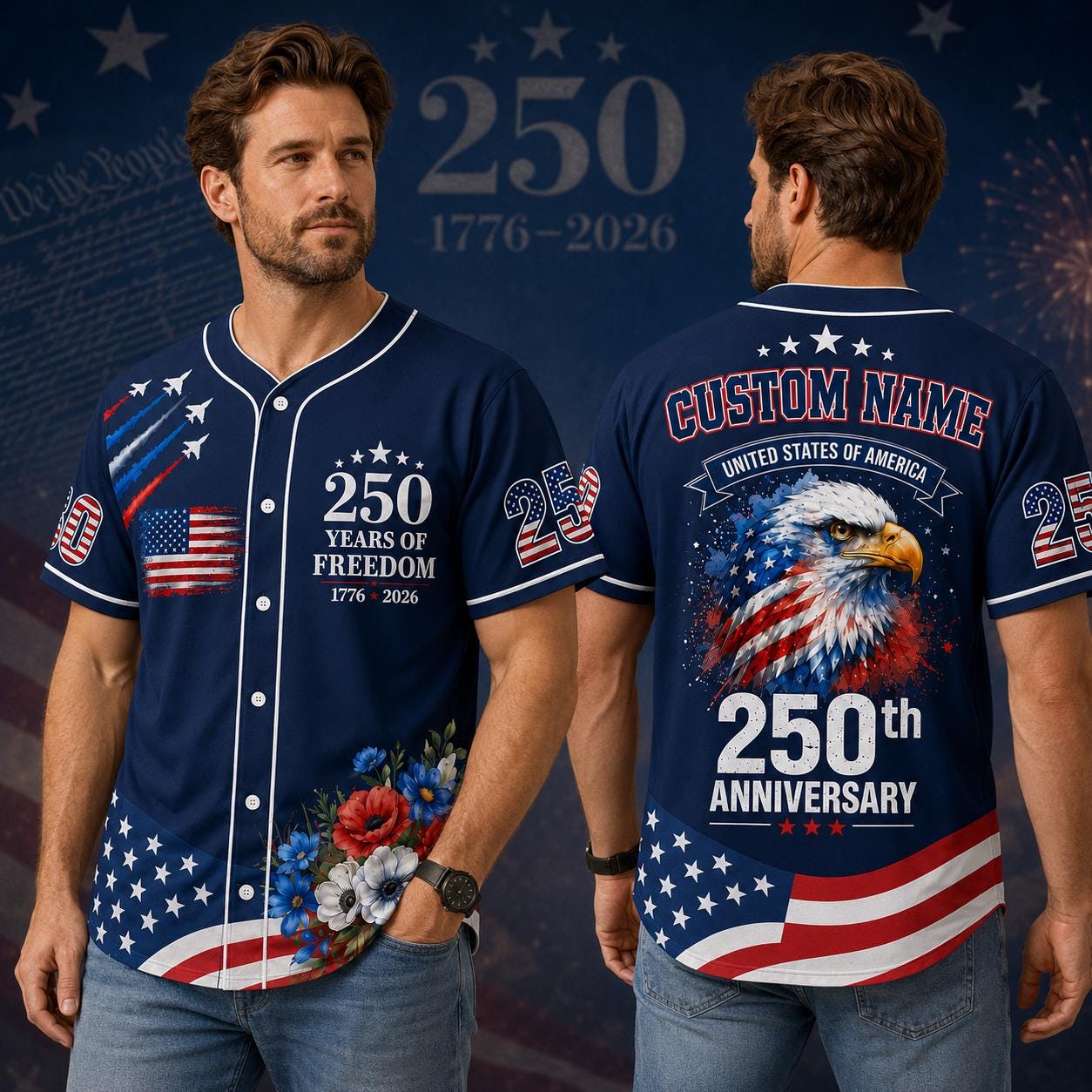 Custom 250th Anniversary Baseball Jersey, 1776 2026 America Shirt, Patriotic Eagle American Flag Shirt, Personalized US Semiquincentennial | PP83
