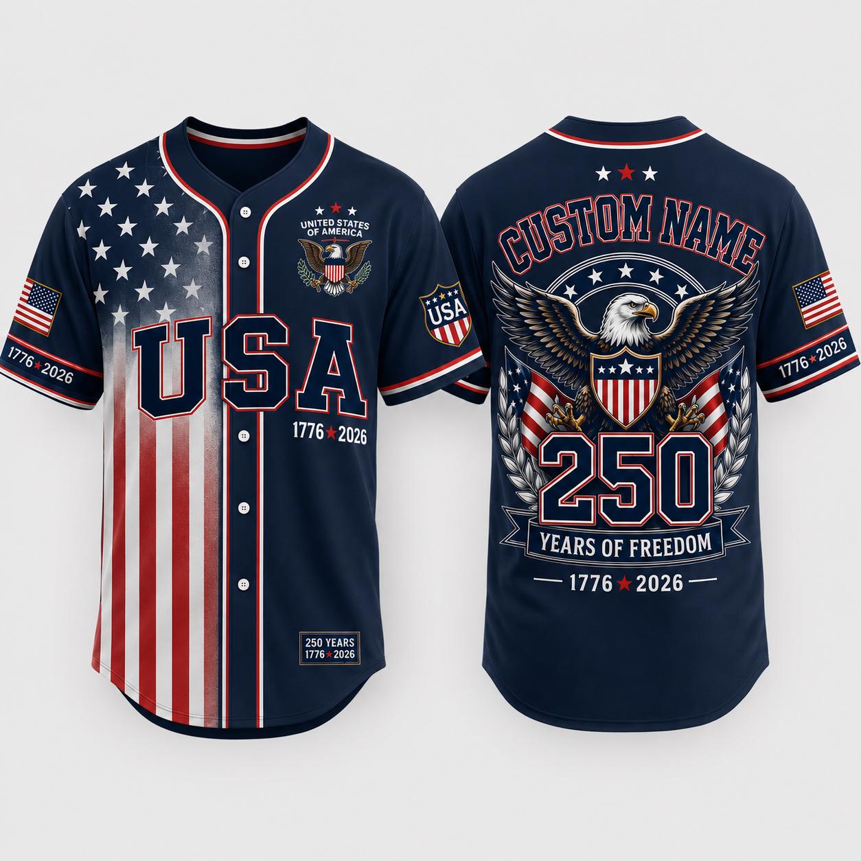 America 250th Anniversary Baseball Jersey, Custom Name USA Jersey, 1776 2026 Eagles Shirt, 4th of July Gift, Freedom Jersey | BW72