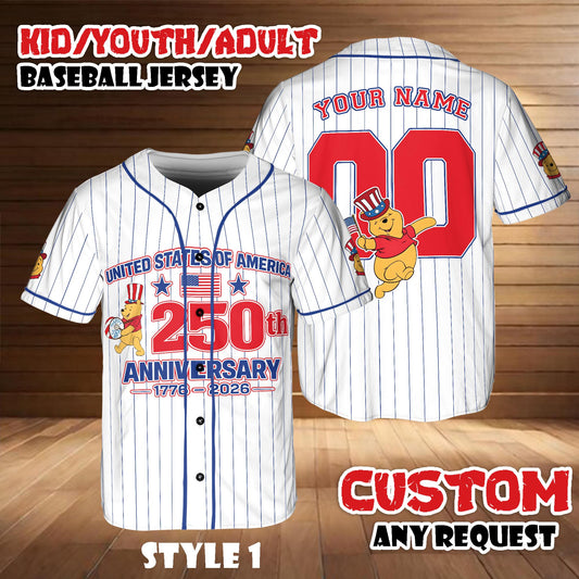 Custom Disney Winnie The Pooh America 250th Anniversary Baseball Jersey, Personalized Patriotic Shirt | WI84