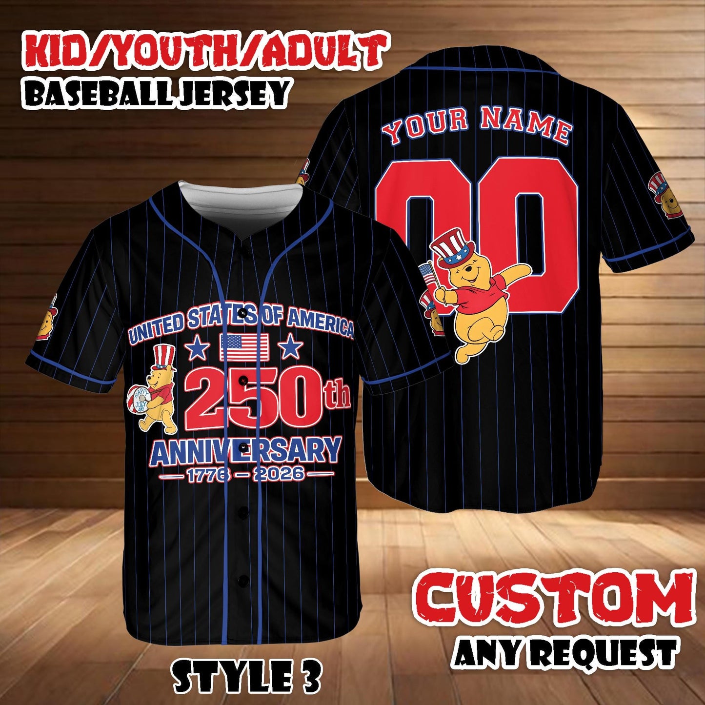 Custom Disney Winnie The Pooh America 250th Anniversary Baseball Jersey, Personalized Patriotic Shirt | WI84