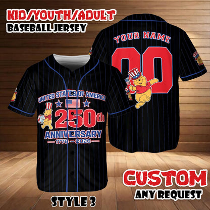 Custom Disney Winnie The Pooh America 250th Anniversary Baseball Jersey, Personalized Patriotic Shirt | WI84