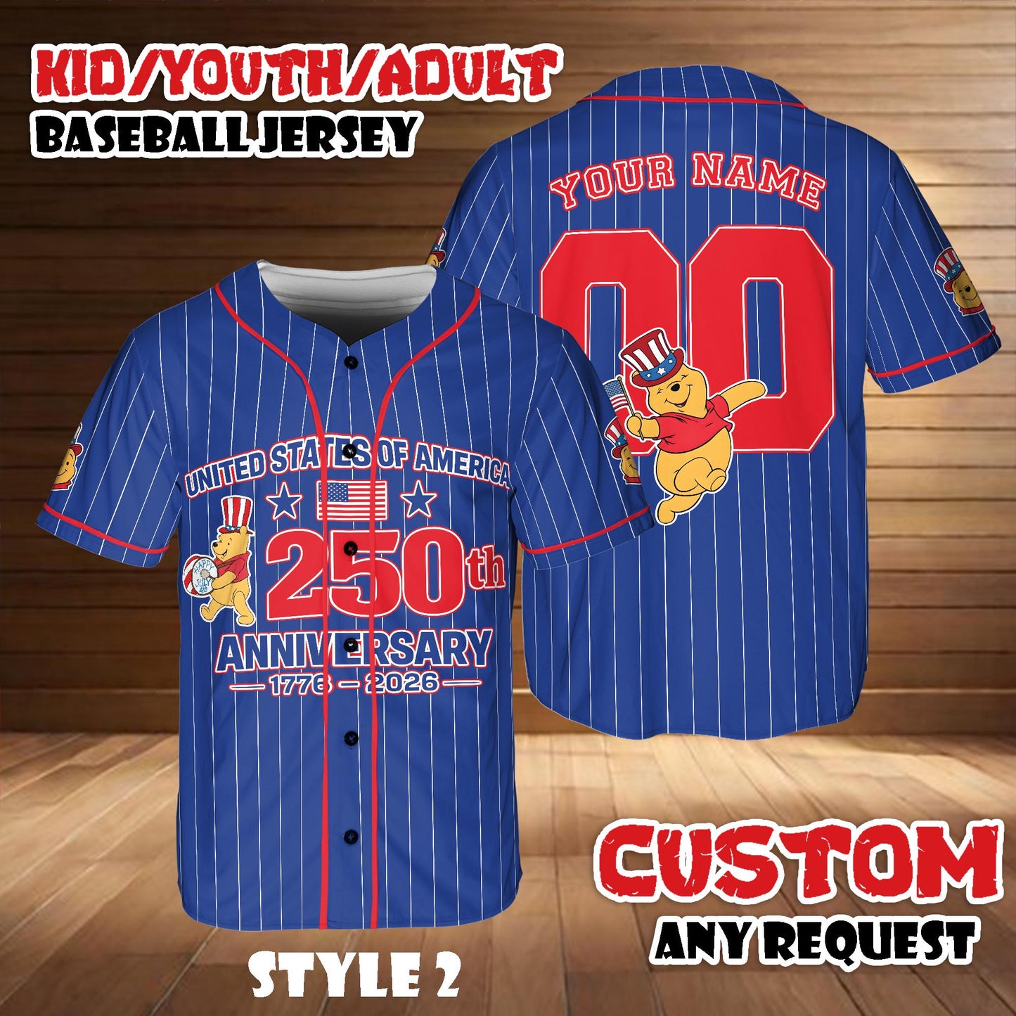 Custom Disney Winnie The Pooh America 250th Anniversary Baseball Jersey, Personalized Patriotic Shirt | WI84