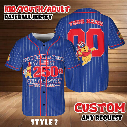 Custom Disney Winnie The Pooh America 250th Anniversary Baseball Jersey, Personalized Patriotic Shirt | WI84