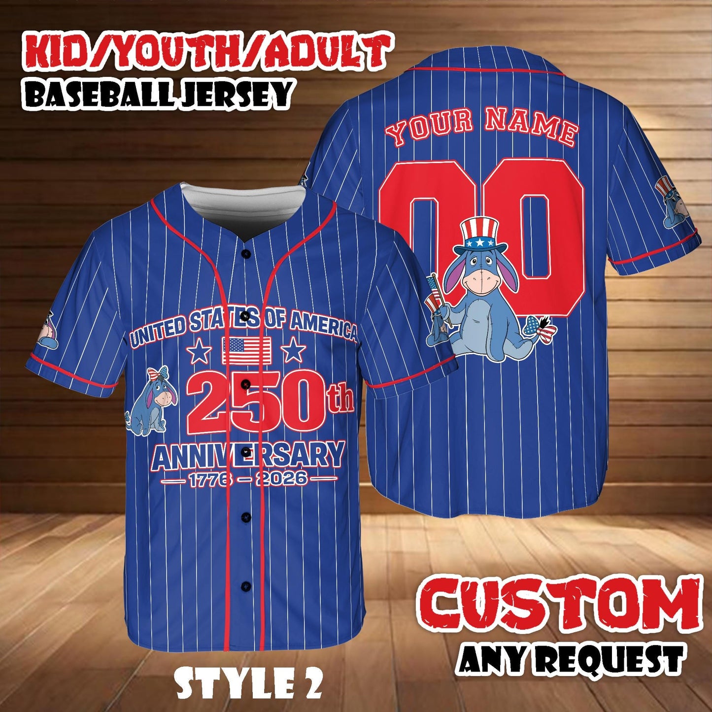 Custom Disney Piglet America 250th Anniversary Baseball Jersey, Winnie The Pooh Patriotic Jersey Shirt | OL65