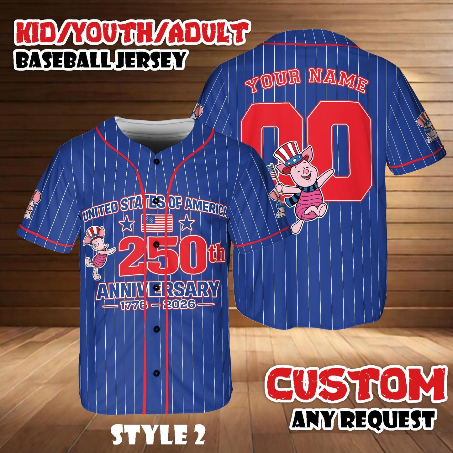 Custom Disney Piglet America 250th Anniversary Baseball Jersey, Winnie The Pooh Patriotic Jersey Shirt | PS27