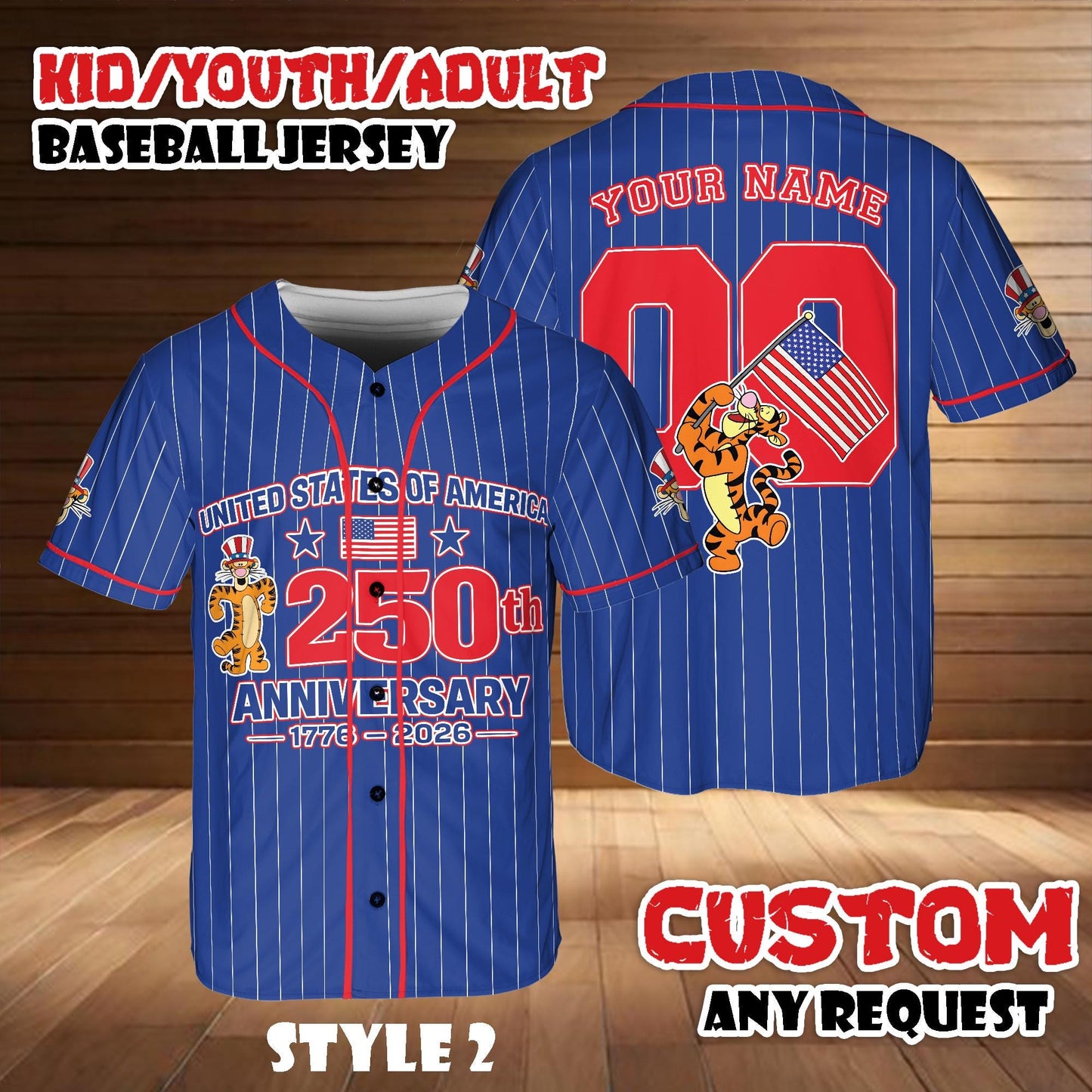 Custom Disney Tigger America 250th Anniversary Baseball Jersey, Winnie The Pooh Patriotic Shirt | FV25