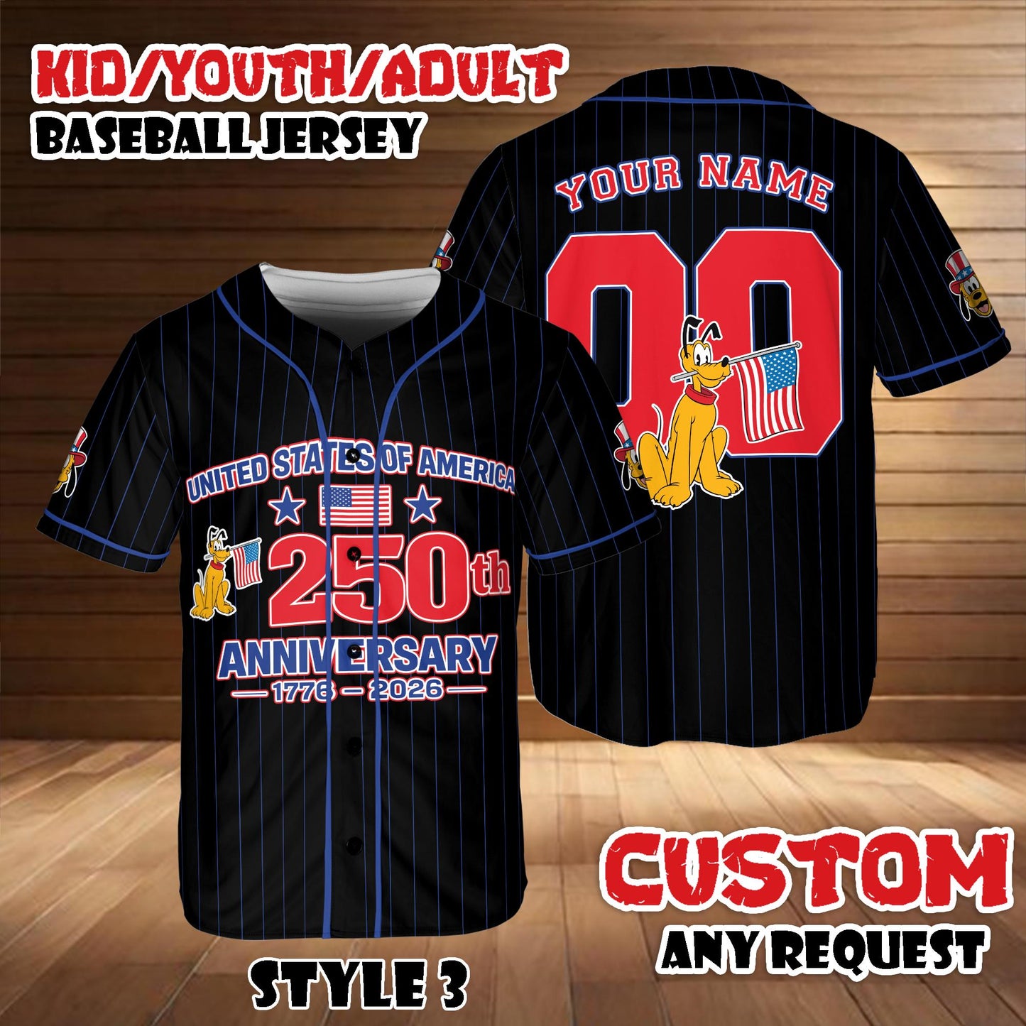 Custom Disney Pluto America 250th Anniversary Baseball Jersey, Personalized 4th of July Shirt | HO35