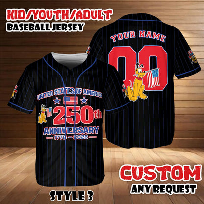 Custom Disney Pluto America 250th Anniversary Baseball Jersey, Personalized 4th of July Shirt | HO35