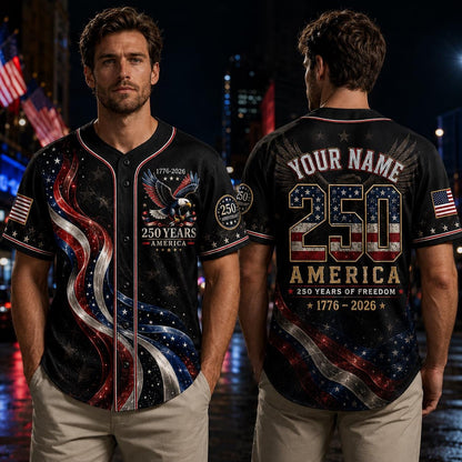 Personalized America 250 Years Baseball Jersey, USA 250th Anniversary Shirt, 1776 2026 Patriotic Jersey, 4th of July Custom Name Jersey | PU54