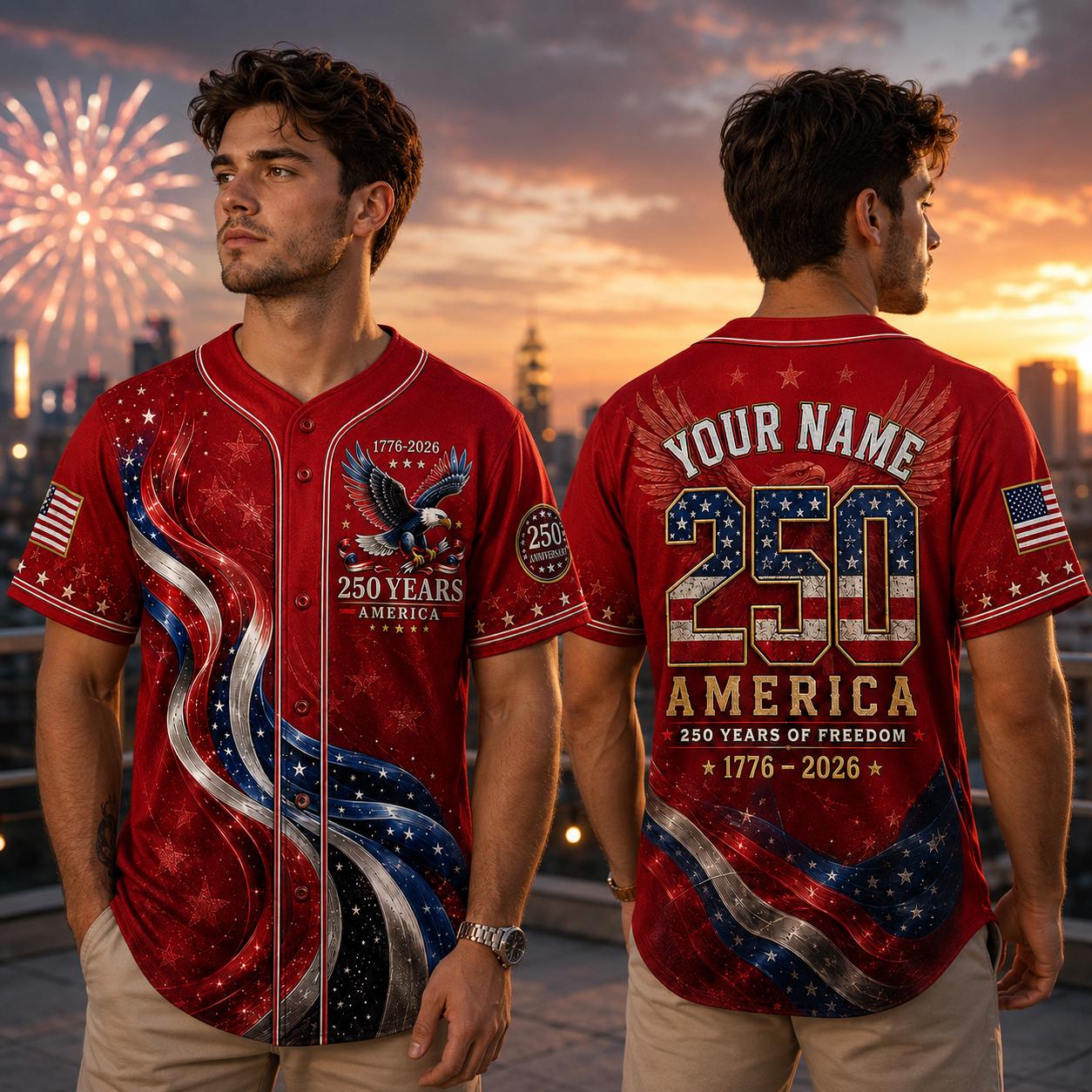Personalized America 250 Years Baseball Jersey, USA 250th Anniversary Shirt, 1776 2026 Patriotic Jersey, 4th of July Custom Name Jersey | PU54