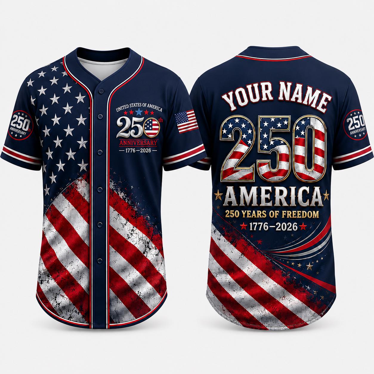 Personalized USA 250th Anniversary Baseball Jersey, Custom Name Jersey, America 1776 2026, Patriotic 4th of July, American Flag Jersey | ZC98