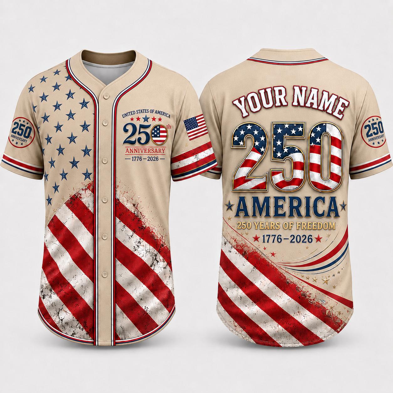 Personalized USA 250th Anniversary Baseball Jersey, Custom Name Jersey, America 1776 2026, Patriotic 4th of July, American Flag Jersey | ZC98