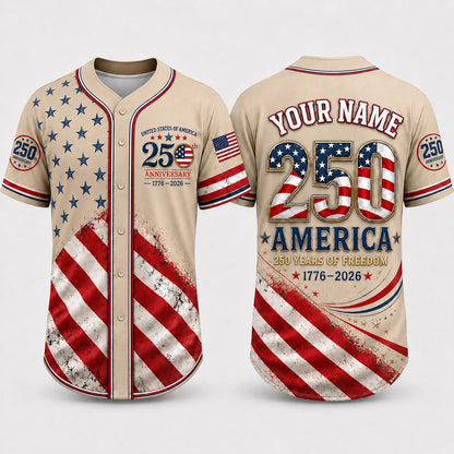 Personalized USA 250th Anniversary Baseball Jersey, Custom Name Jersey, America 1776 2026, Patriotic 4th of July, American Flag Jersey | ZC98