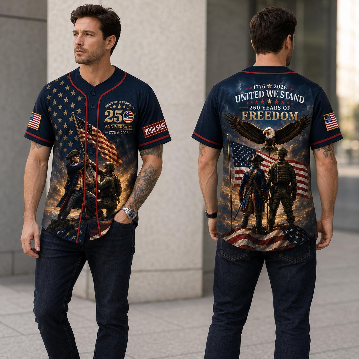 Custom Patriotic Baseball Jersey, United We Stand 250 Years of Freedom Shirt, Personalized USA Flag Eagle Jersey, 4th of July Veteran Gift | AC98