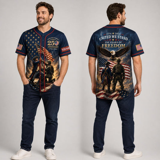 Custom Patriotic Baseball Jersey, United We Stand 250 Years of Freedom Shirt, Personalized USA Flag Eagle Jersey, 4th of July Veteran Gift | AC98