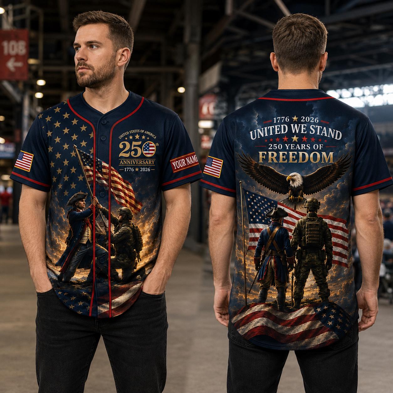 Custom Patriotic Baseball Jersey, United We Stand 250 Years of Freedom Shirt, Personalized USA Flag Eagle Jersey, 4th of July Veteran Gift | AC98