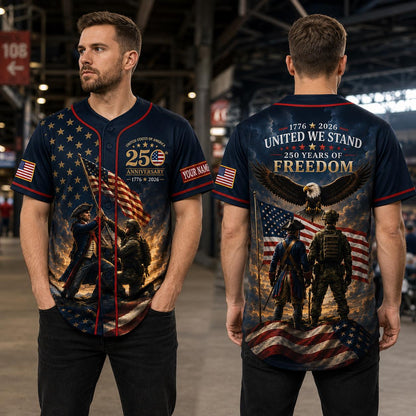 Custom Patriotic Baseball Jersey, United We Stand 250 Years of Freedom Shirt, Personalized USA Flag Eagle Jersey, 4th of July Veteran Gift | AC98