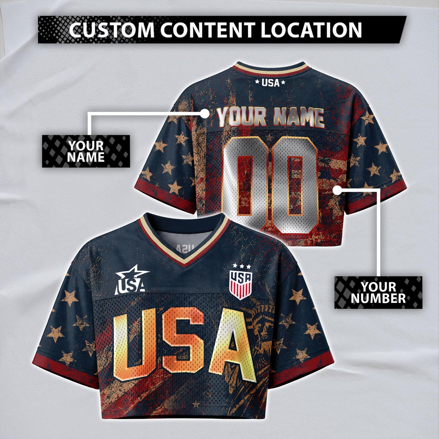 Custom USA Soccer Crop Top Jersey, Personalized Name Number Shirt, Football Fan Crop Tee, Bachelorette Party & Festival Outfit | QI51