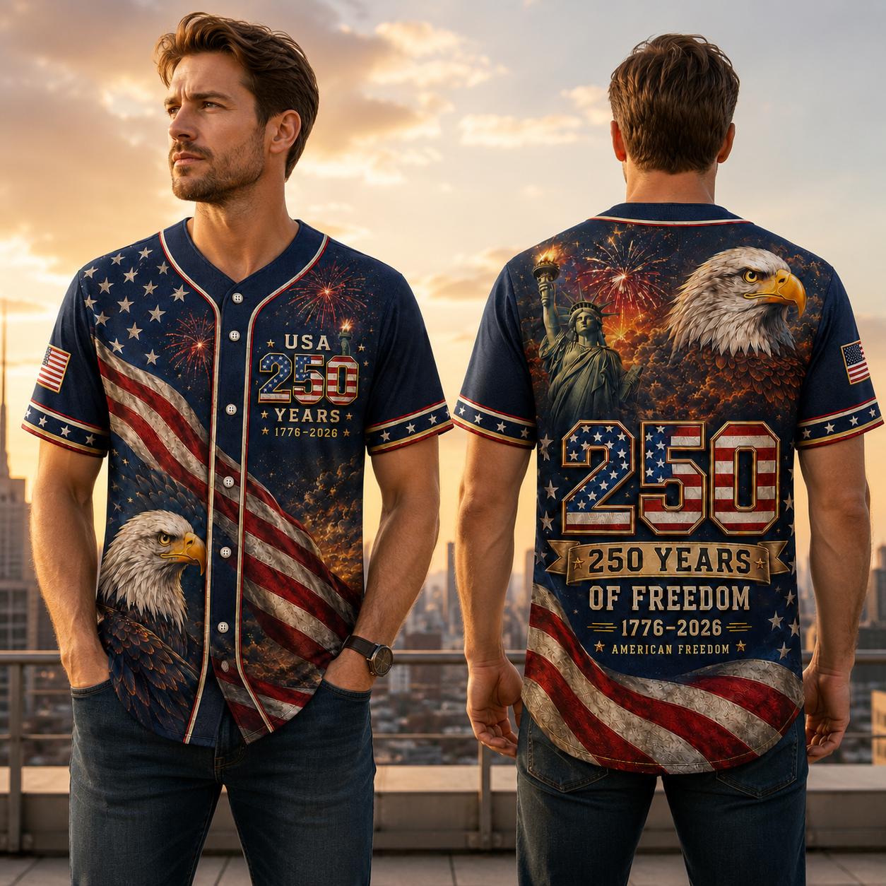 USA 250th Anniversary Baseball Jersey, 1776 2026 Patriotic Eagle Flag Shirt, 4th of July Jersey, America Freedom Gift for Men, Family | QK27