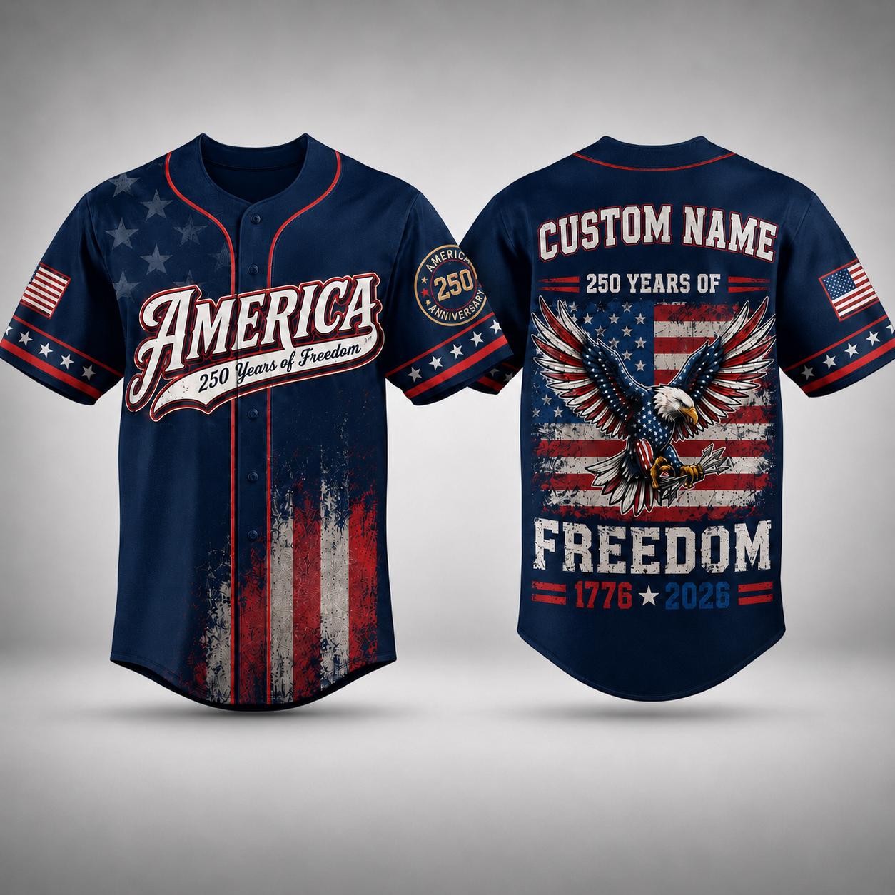 Custom America Baseball Jersey, 250 Years of Freedom Shirt, Patriotic Eagle Jersey, 1776 2026 USA Jersey, Independence Day Gift | EM40