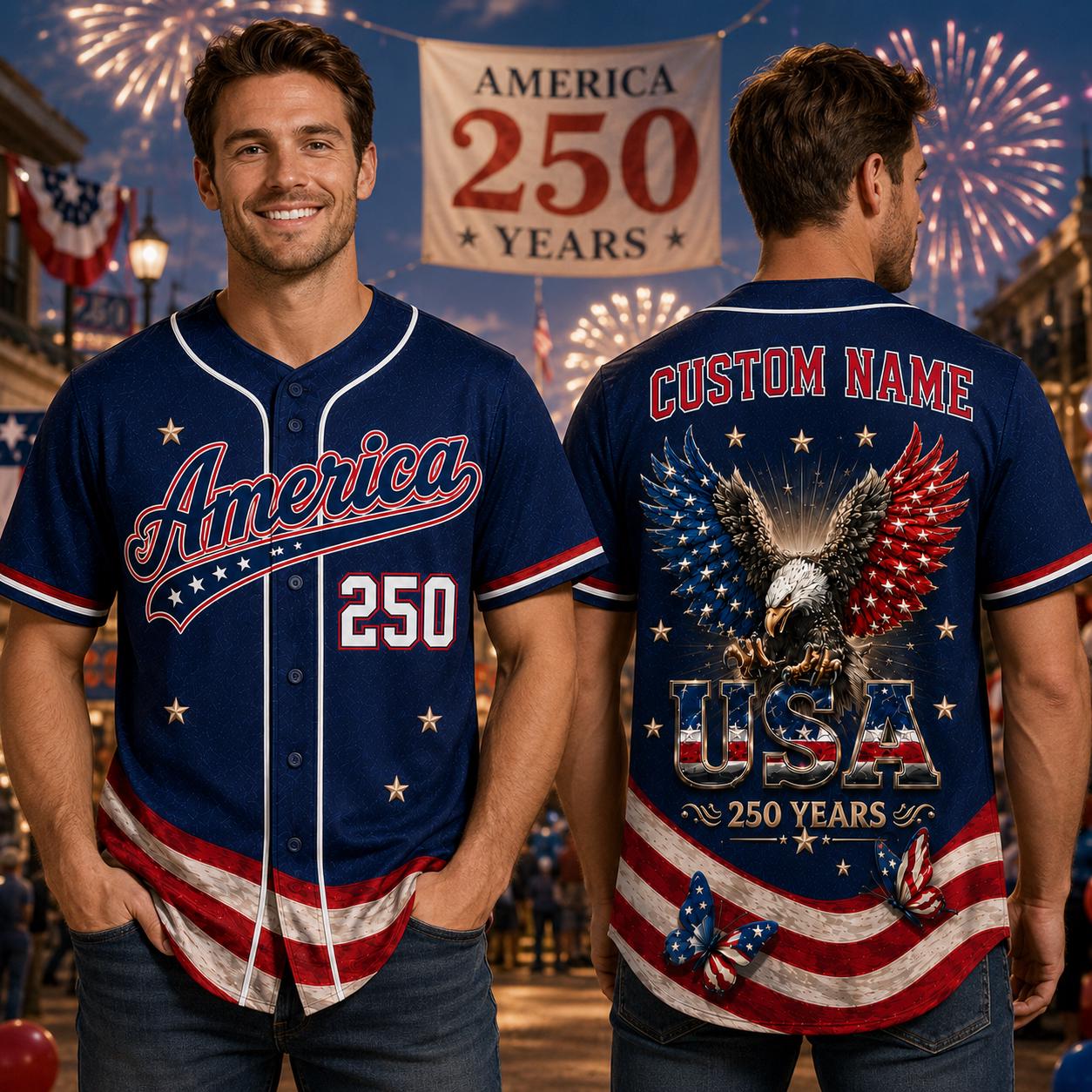 Custom Name USA 250th Anniversary Baseball Jersey, America 250 Years Patriotic Shirt, 1776 2026 Eagle Jersey,  4th of July Gift | BT70