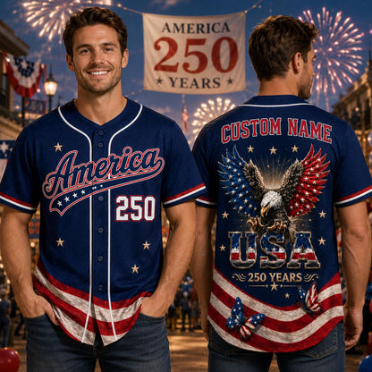 Custom Name USA 250th Anniversary Baseball Jersey, America 250 Years Patriotic Shirt, 1776 2026 Eagle Jersey,  4th of July Gift | BT70