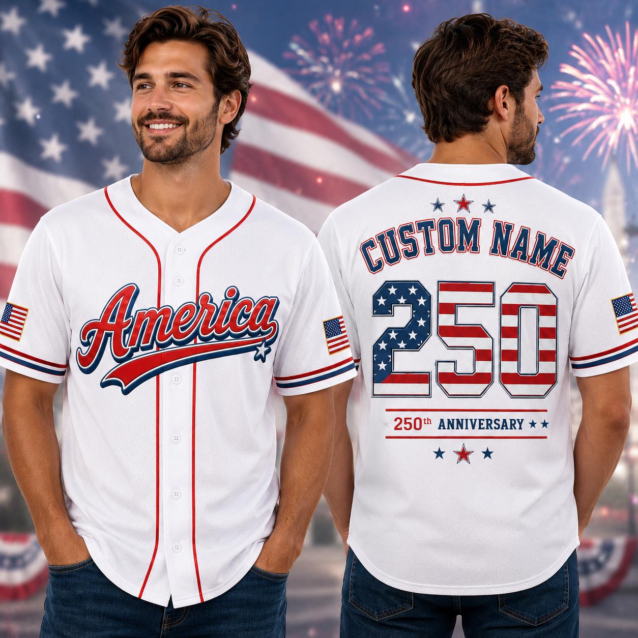 Custom Name America 250 Jersey, USA Patriotic Baseball Shirt, 250th Anniversary Shirt, 4th of July 2026 Outfit | LE18