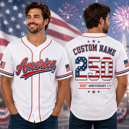 Custom Name America 250 Jersey, USA Patriotic Baseball Shirt, 250th Anniversary Shirt, 4th of July 2026 Outfit | LE18