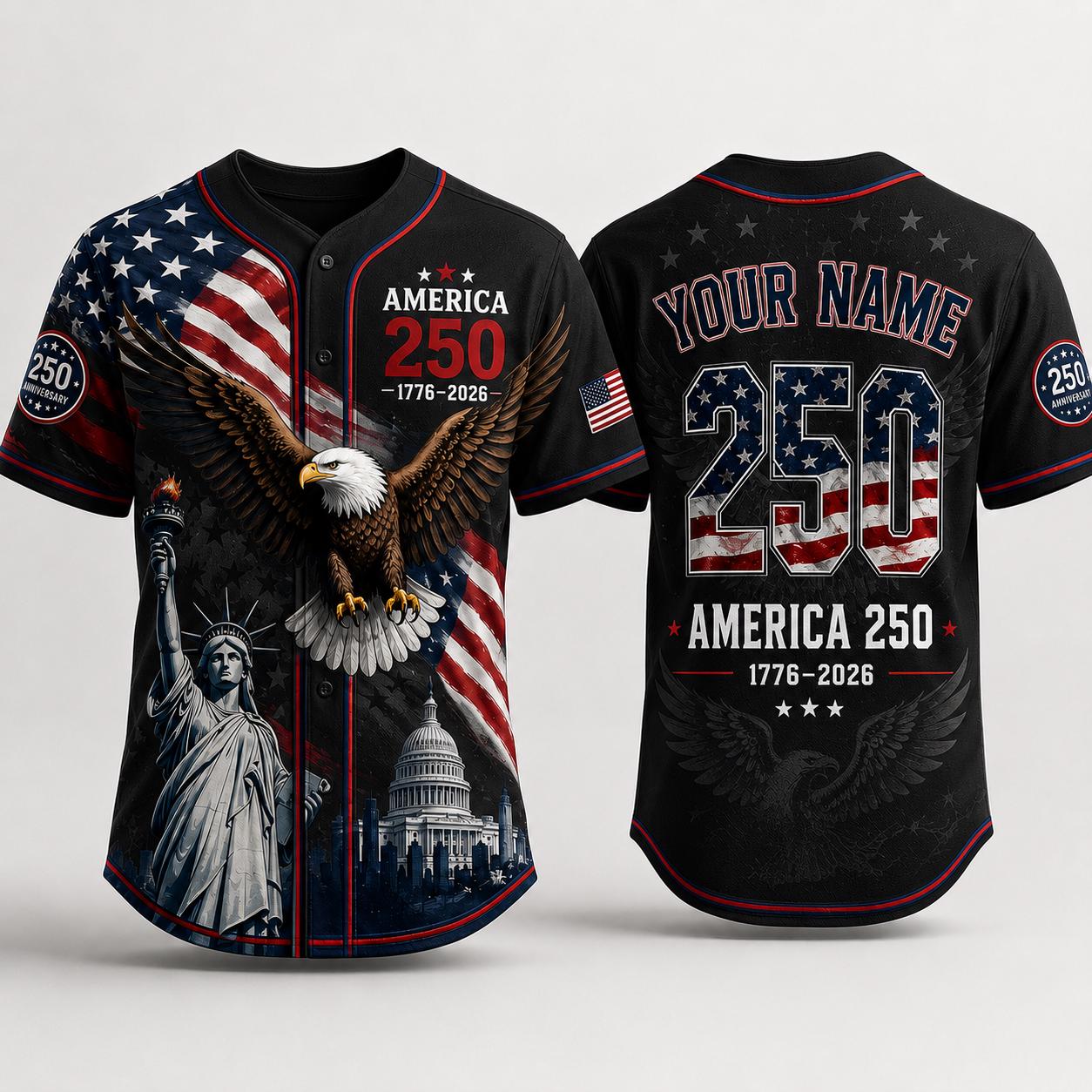 Personalized USA 250th Anniversary Baseball Jersey, Custom America 250 Jersey 1776 2026 Patriotic Eagle Shirt, Independence Day Tee | XF42